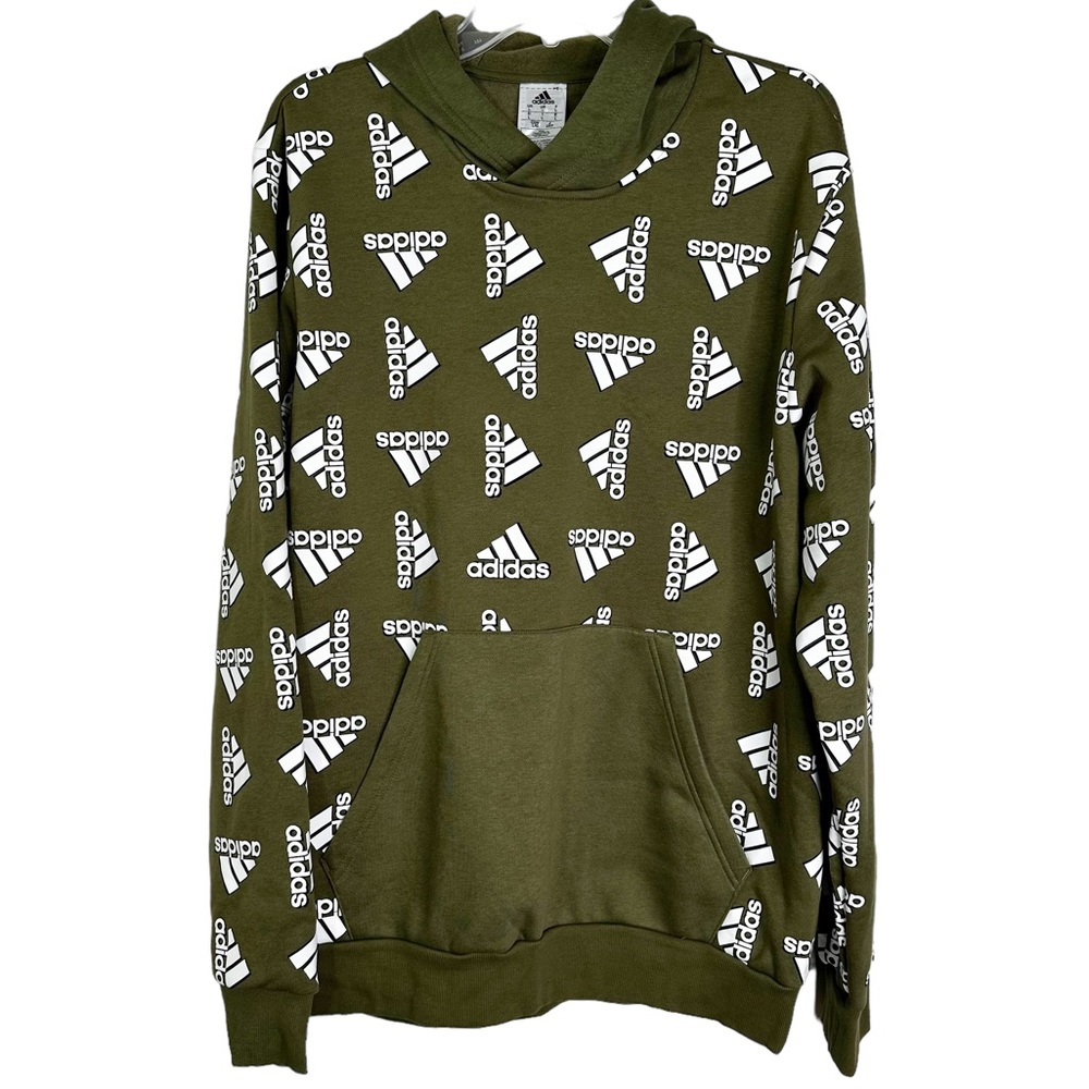 NWT Adidas AOP Fleece Hoodie Pullover Sweatshirt in Olive Men’s Sz L - Picture 1 of 12